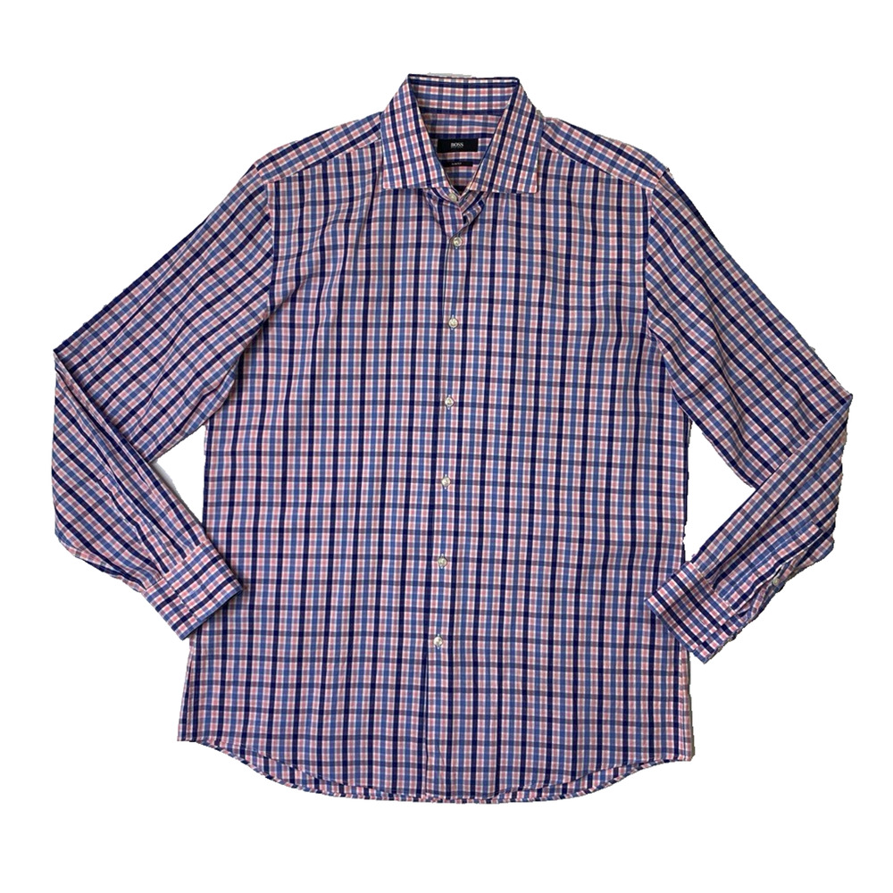 Hugo Boss Shirt Men 17 Slim Fit Stretch Cotton Plaid Button Up Long Sleeve Dress